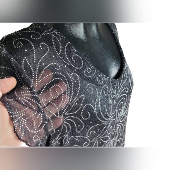 Champagne Black Sheer Silver Dot Patterned Short Sleeve Top L - Picture 7 of 7